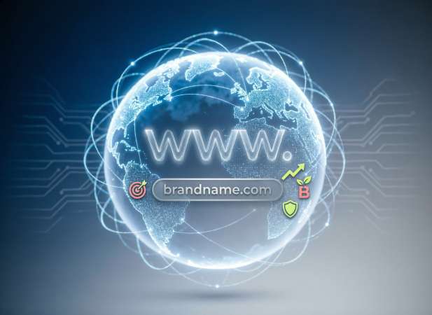 Infografik zeigt Strategien zur Auswahl eines SEO-optimierten Domainnamens für erfolgreiches Branding und bessere Suchmaschinenrankings