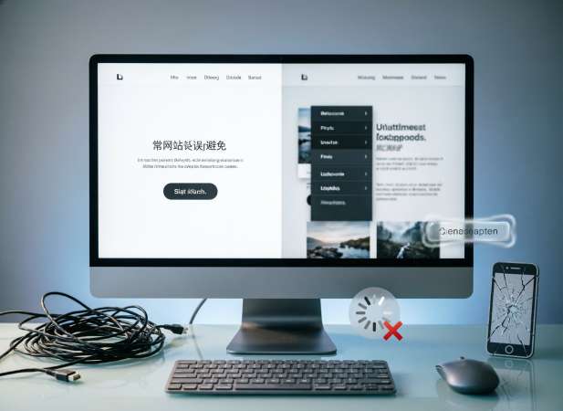Illustration häufiger Webdesign-Fehler: schlechte mobile Optimierung, lange Ladezeiten, unklare Navigation und überladenes Layout