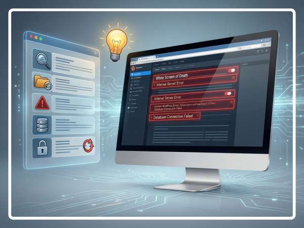 Illustration showing common WordPress error messages like White Screen of Death, database connection error, and 404 page with repair icons