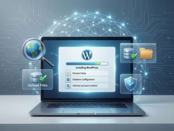 Step-by-step illustration showing how to install WordPress on a web hosting account
