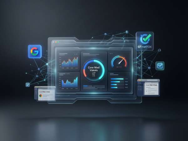 Website performance analysis report showing Core Web Vitals metrics like LCP, INP, and CLS from PageSpeed Insights