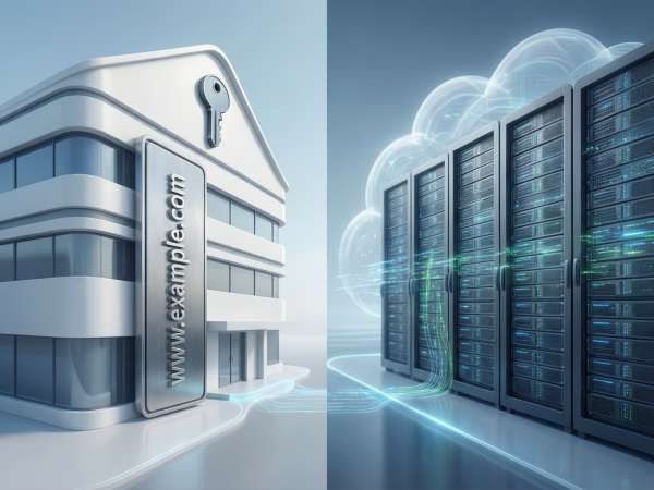 Grafik die den Unterschied zwischen Domain und Webhosting zeigt