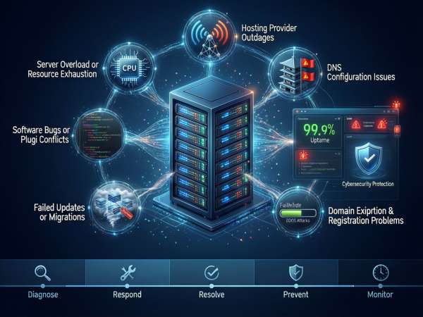 Website Downtime Causes and Solutions Infographic showing common causes of website downtime and practical fixes like server overload, DNS errors, DDoS attacks, and expired domains