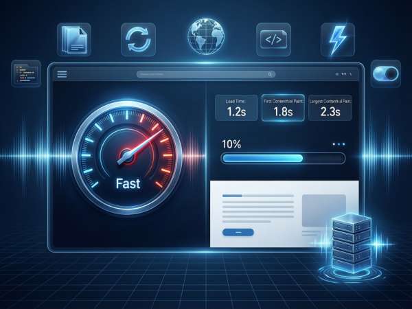 Website Speed Optimization Guide Illustration showing slow vs fast website loading with speed metrics and optimization tips