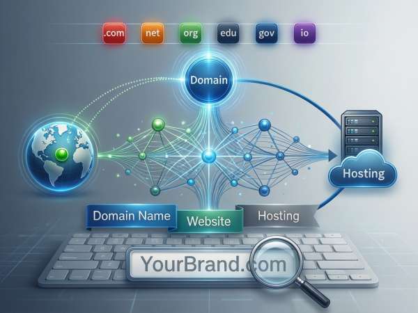 Visual diagram showing how a domain name translates to an IP address through DNS servers