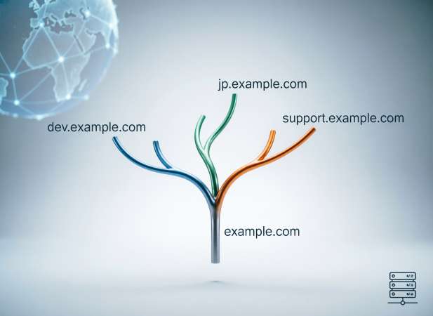 Visuelle Darstellung einer Subdomain-Struktur mit Hauptdomain und Subdomains wie Blog, Shop und Support für bessere Website-Organisation